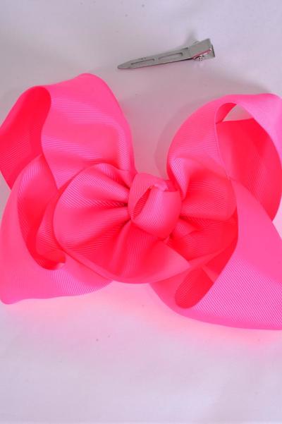 Hair Bow Extra Jumbo Cheer Type Bow Neon Pink Grosgrain Bow-tie / 12 pcs Bow = Dozen Neon Pink , Alligator Clip , Size - 8" x 7" Wide , Clip Strip & UPC Code