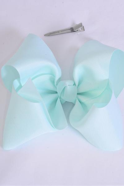 Hair Bow Extra Jumbo Cheer Type Bow Mint Green Grosgrain Bow-tie / 12 pcs Bow = Dozen  Mint Green , Size - 8" x 7" Wide , Alligator Clip , Clip Strip & UPC Code