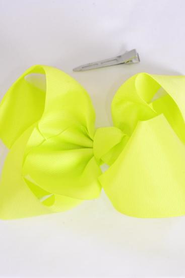 Hair Bow Extra Jumbo Cheer Type Bow Neon Yellow Grosgrain Bow-tie / 12 pcs Bow = Dozen Neon Yellow , Size - 8" x 7" Wide , Alligator Clip , Clip Strip & UPC Code