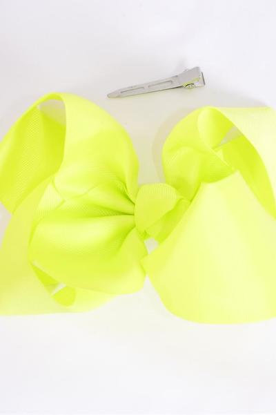 Hair Bow Jumbo Neon Yellow Grosgrain Bow-tie / 12 pcs Bow = Dozen Neon Yellow , Alligator Clip , Size - 6" x 5" Wide , Clip Strip and UPC Code