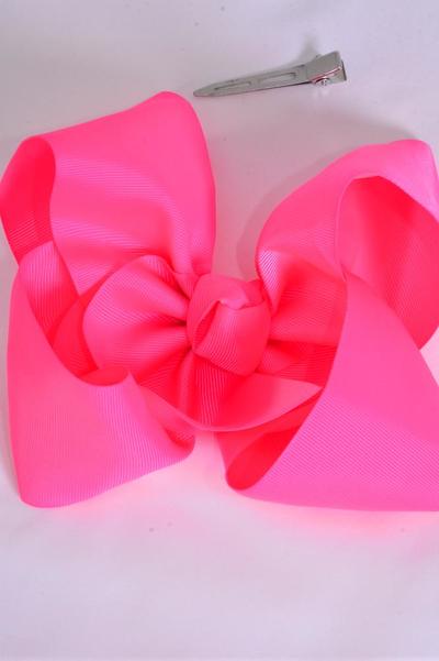 Hair Bow Jumbo Neon Pink Grosgrain Bow-tie / 12 pcs Bow = Dozen Neon Pink , Alligator Clip , Size - 6" x 5" Wide , Clip Strip & UPC Code