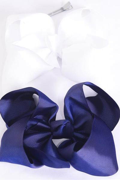Hair Bow Extra Jumbo Cheer Type Bow Navy White Mix Grosgrain Bow-tie / 12 pcs Bow = Dozen Alligator Clip , Size - 8" x 7" Wide , 6 Navy , 6 White Color Asst , Clip Strip & UPC Code