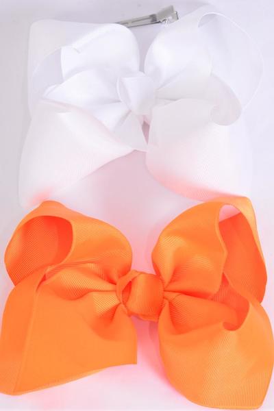 Hair Bow Jumbo Orange White Mix Grosgrain Bow-tie / 12 pcs Bow = Dozen  Alligator Clip , Size-6"x 5" Wide , 6 Orange , 6 White Mix , Clip Strip & UPC Code