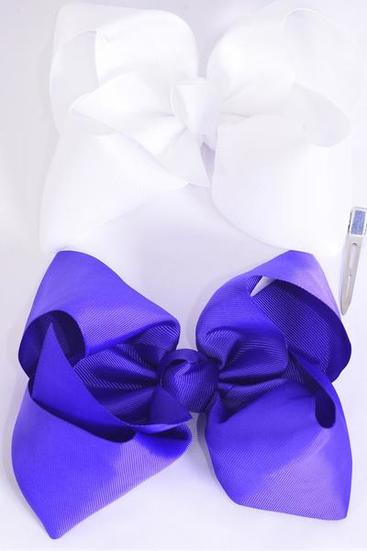 Hair Bow Extra Jumbo Cheer Type Bow Purple White Mix Grosgrain Bow-tie /12 pcs Bow = Dozen Size-8"x 7" Wide , Alligator Clip , 6 Purple , 6  White Color Asst , Clip Strip & UPC Code