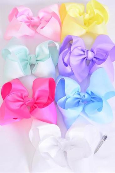 Hair Bow Extra Jumbo Cheer Type Bow Pastel Grosgrain Bow-tie / 12 pcs Bow = Dozen  Alligator Clip , Size-8"x 7" Wide ,2 White ,2 Yellow ,2 Blue ,2 Baby Pink ,2 Lavender ,1 Hot Pink ,1 Mint Green Color Asst ,Clip Strip & UPC Code
