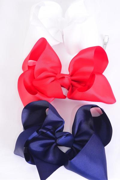 Hair Bow Extra Jumbo Cheer Type Bow Red White Navy Mix Grosgrain Bow-tie / 12 pcs Bow = Dozen  Alligator Clip ,  Size-8"x 7" Wide , 4 Red , 4 White ,4 Navy Color Asst , Clip Strip & UPC Code