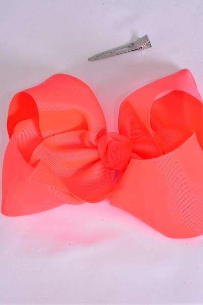 Hair Bow Jumbo Neon Orange Grosgrain Bow-tie / 12 pcs Bow = Dozen Alligator Clip , Size - 6" x 5" Wide , Clip Strip & UPC Code