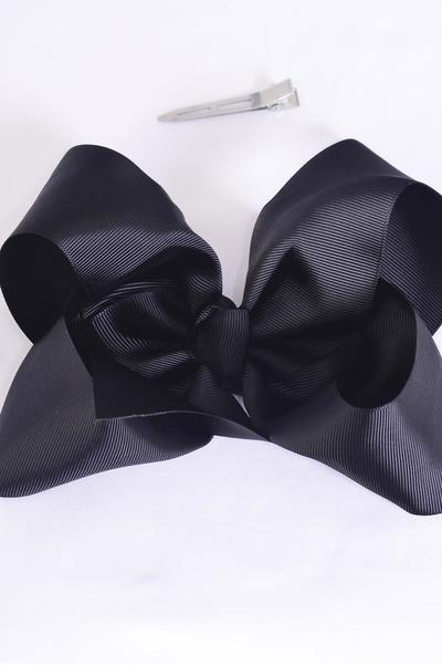 Hair Bow Jumbo Black Grosgrain Bow-tie / 12 pcs Bow = Dozen Alligator Clip , Size-6"x 5" Wide , Clip Strip & UPC Code