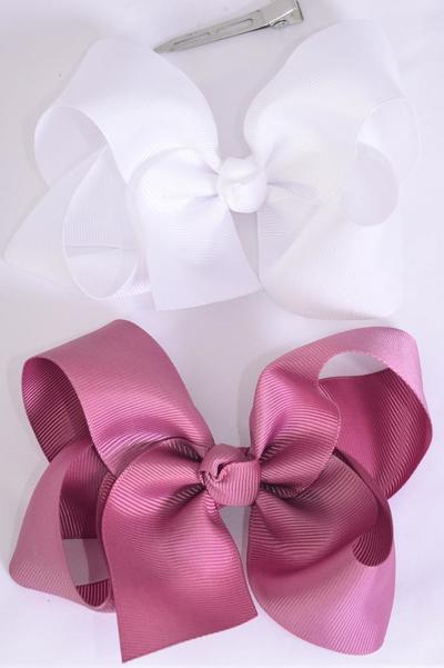 Hair Bow Jumbo Rosy Mauve White Mix Grosgrain Bow-tie / 12 pcs Bow = Dozen   Alligator Clip , Size - 6" x 5" Wide , 6 Rosy Mauve , 6 White Color Asst , Clip Strip & UPC Code
