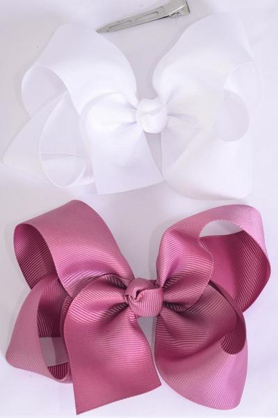 Hair Bow Jumbo Rosy Mauve & White Mix Grosgrain Bow-tie / 12 pcs Bow = Dozen  Rosy Mauve & White Mix , Alligator Clip , Size-6"x 5" Wide , 6 Rosy Mauve , 6 White Color Asst , Clip Strip & UPC Code