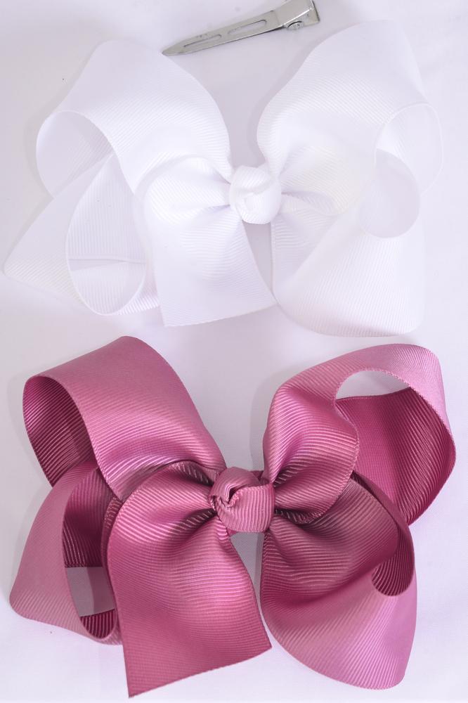 Hair Bow Jumbo Rosy Mauve & White Mix Grosgrain Bow-tie / 12 pcs Bow ...