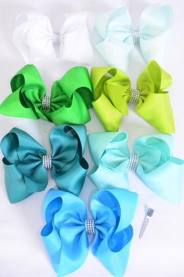 Hair Bow Jumbo Green Blue Mix Alligator Clip Grosgrain Bow-tie / 12 pcs Bow = Dozen Size - 6" x  5" , 3 White , 1 Jade Green , 1 Kelly Green , 1 Lime , 1 Turquoise , 1 Sky Blue , 1 Baby Blue , 1 Tropic , 1 aqua , 1 Mint Green mix