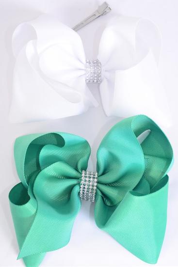Hair Bow Jumbo Center Clear Stones Caribbean Green White color Mix Grosgrain Bow-tie / 12 pcs Bow = Dozen  Alligator Clip , Bow - 6" x 5",  6 Caribbean Green , 6 White Color Asst , Clip Strip and UPC Code
