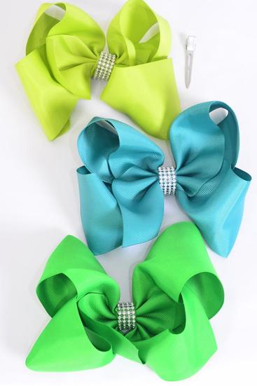 Hair Bow Jumbo Center Clear Stones Green Mix Grosgrain Bow-tie / 12 pcs Bow = Dozen Alligator Clip , Size - 6" x 5" Wide , 4 Jade Green , 4 Kelly Green , 4 Lime Green Asst , Clip Strip and UPC Code