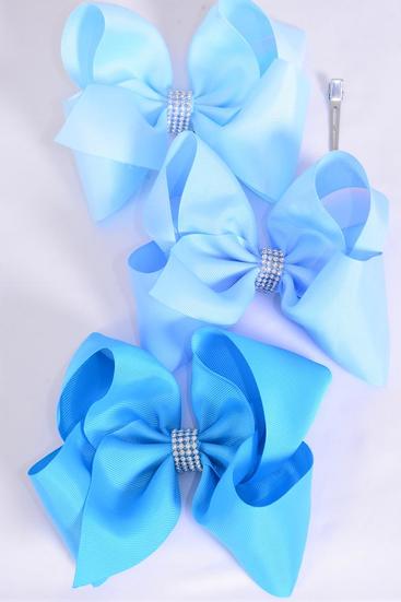 Hair Bow Jumbo Center Clear Stones Blue Mix Grosgrain Bowtie/ 12 pcs Bow = Dozen Blue Mix , Alligator Clip , Bow - 6" x 5" Wide , 4 Turquoise , 4 Sky Blue , 4 Baby Blue Color Asst , Clip Strip & UPC Code
