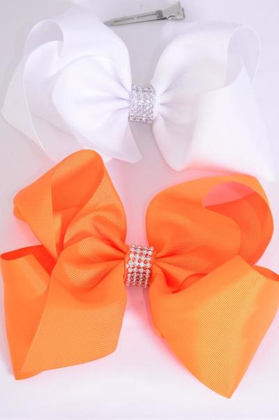 Hair Bow Jumbo Center Clear Stones Orange White Mix Grosgrain Bow-tie / 12 pcs Bow = Dozen  Alligator Clip , Bow - 6" x  5" , 6 Orange , 6 White Color Asst , Clip Strip & UPC Code