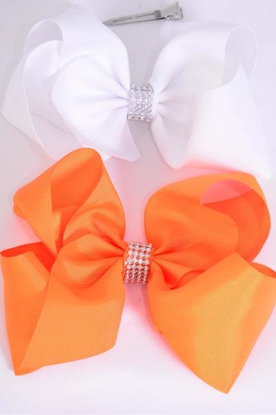 Hair Bow Jumbo Center Clear Stones Orange White Mix Grosgrain Bow-tie / 12 pcs Bow = Dozen  Alligator Clip , Bow-6"x 5" , 6 of each Color Asst , Clip Strip & UPC Code