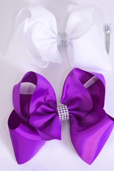 Hair Bow Jumbo Center Clear Stones Violet White Mix Grosgrain Bow-tie / 12 pcs Bow = Dozen Alligator Clip , Size - 6" x 5" Wide ,  6 of Each Pattern Asst , Clip Strip & UPC Code 