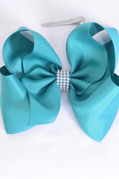 Hair Bow Jumbo Center Clear Stones Jade Green Grosgrain Bow-tie / 12 pcs Bow = Dozen Alligator Clip , Bow-6"x 5" , Clip Strip & UPC Code