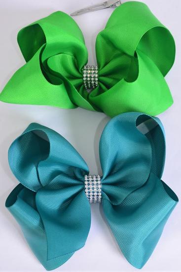 Hair Bow Jumbo Center Clear Stones Kelly Green Jade Green Mix Grosgrain Bow-tie / 12 pcs Bow = Dozen Alligator Clip , Bow - 6" x 5" , 6 Kelly Green , 6 Jade Green Color Asst , Clip Strip and UPC Code