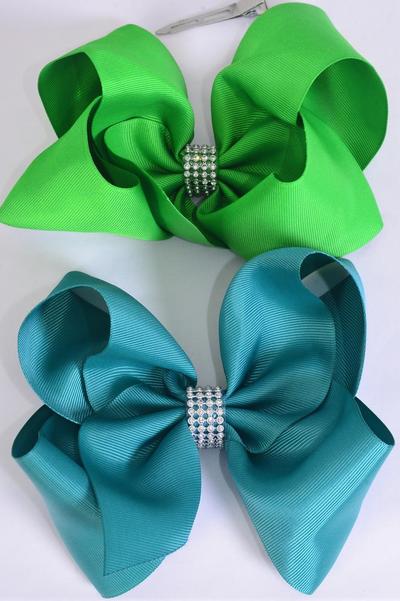 Hair Bow Jumbo Center Clear Stones Kelly Green Jade Green Mix Grosgrain Bow-tie / 12 pcs Bow = Dozen Alligator Clip , Bow - 6" x 5" , 6 Kelly Green , 6 Jade Green Color Asst , Clip Strip and UPC Code