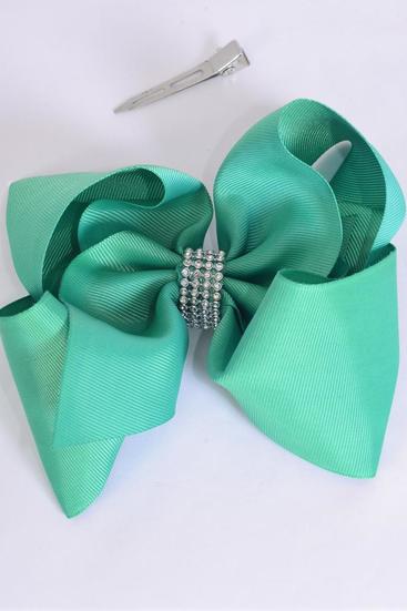 Hair Bow Jumbo Center Clear Stones Caribbean Green Grosgrain Bow-tie / 12 pcs Bow = Dozen Caribbean Green , Alligator Clip , Size - 6" x 5" Wide ,  Clip Strip & UPC Code
