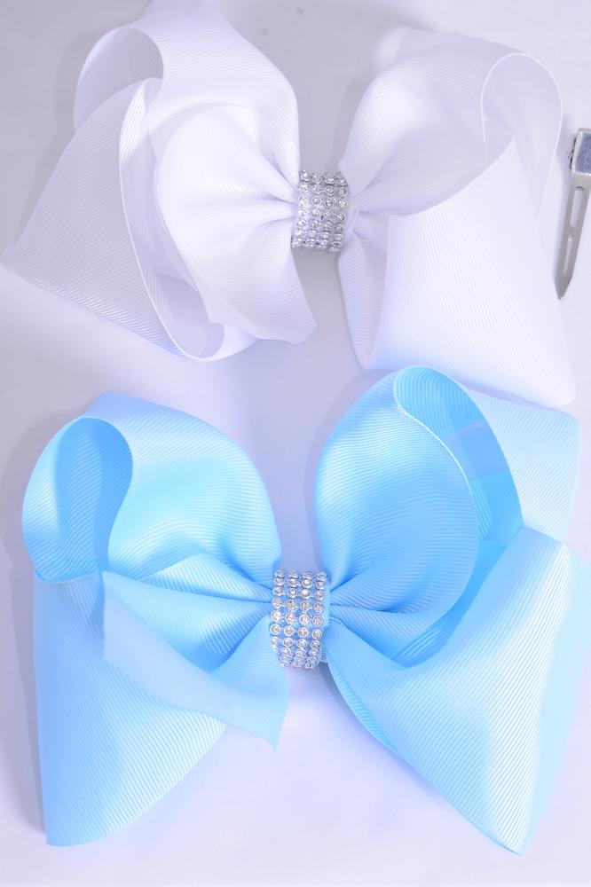Hair Bow Jumbo Center Clear Stones Baby Blue & White Mix Grosgrain