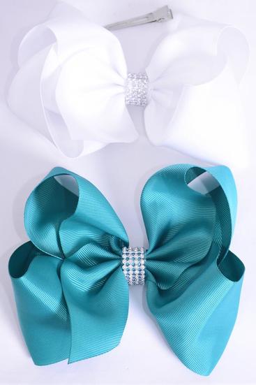 Hair Bow Jumbo Center Clear Stone Jade Green White Mix Grosgrain Bowtie / 12 pcs Bow = Dozen Alligator Clip , Bow - 6" x 5" , 6 White , 6 Jade Green Color Asst , Clip Strip & UPC Code