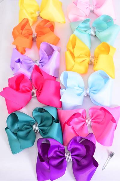 Hair Bow Jumbo Center Clear Stones Rainbow Mix Grosgrain Bow-tie / 12 pcs Bow = Dozen  Alligator Clip , Bow-6"x 5" Wide , 12 Color Asst , Clip Strip & UPC Code