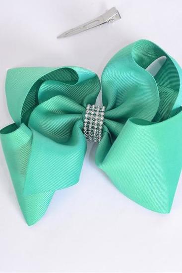 Hair Bow Jumbo Center Clear Stones Caribbean Green Grosgrain Bow-tie / 12 pcs Bow = Dozen Caribbean Green , Size - 6" x 5" Wide , Alligator Clip , Clip Strip & UPC Code