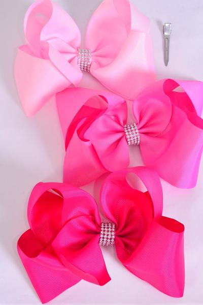 Hair Bow Jumbo Center Clear Stones Pink Mix Grosgrain Bow-tie / 12 pcs Bow = Dozen Alligator Clip , Size - 6" x 5" Wide , 4 baby Pink , 4 Hot Pink , 4 Fuchsia Color Asst , Clip Strip & UPC Code