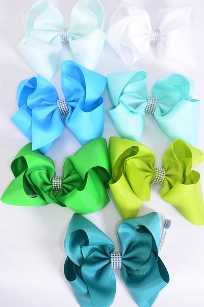 Hair Bow Jumbo Green & Blue Mix Grosgrain Bow-tie / 12 pcs Bow = Dozen Alligator Clip, Size-6"x 5" Wide, 3 White,1 Jade Green,1 Kelly Green,1 Lime,1 Turquoise,1 Sky Blue,1 Baby Blue,1 Tropic,1 aqua,1 Mint Green Color Asst