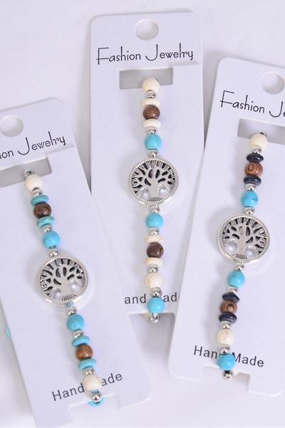 Bracelet Silver Tree Of Life Wooden bead & Semiprecious Stone / 12 pcs Bow = Dozen Pull-String , Adjustable , 4 Of each Color Asst , Individual Hang Tag & OPP Bag & UPC Code