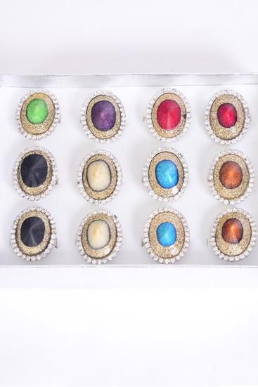 Rings Acrylic Oval Marble W Clear Rhinestones/DZ **Adjustable** Face Size-1.25"x 1" Wide, 2 Black,2 Red,2 Turquoise,2 Purple,2 White,1 Green,1 Brown,7 Color Asst.