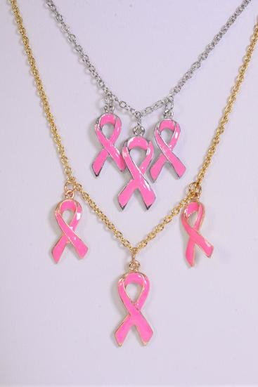 Necklace Chain Enamel Pink Ribbons / 12 pcs = Dozen Size-18" Long , 6 Gold , 6 Silver Pattern Asst , Hang Card & OPP bag & UPC Code