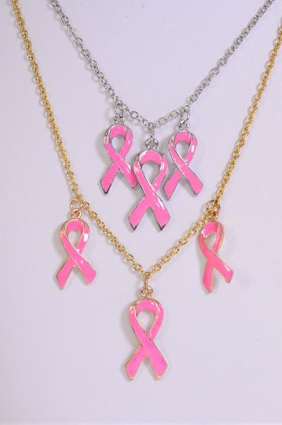 Necklace Chain Enamel Pink Ribbons / 12 pcs = Dozen Size-18" Long , 6 Gold , 6 Silver Pattern Asst , Hang Card & OPP bag & UPC Code