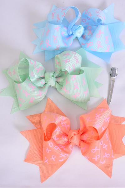 Hair Bow Jumbo Double Layered Pink Ribbon Grosgrain Bow-tie / 12 pcs Bow = Dozen Alligator Clip , Size-6" x 5" Wide , 4 of each Pattern Asst , Clip Strip & UPC Code