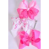 Hair Bow Jumbo Pink Ribbon Grosgrain Bowtie/DZ **Alligator Clip** Size-6&quot;x 5&quot; Wide,4 Of Each Pattern,Clip Strip &amp; UPC Code