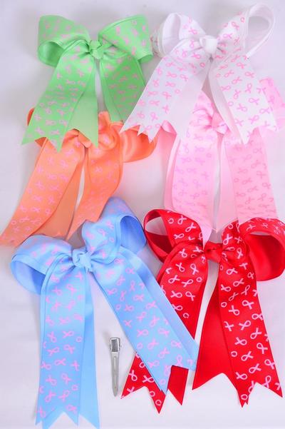 Hair Bow Long Tail Double Layered Pink Ribbon Grosgrain Bow-tie / 12 pcs Bow = Dozen Alligator Clip , Size-6.5" x 6" Wide , 2 of each Color Asst , Clip Strip & UPC Code