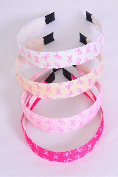 Headband Horseshoe Pink Ribbon Grosgrain Fabric / 12 pcs = Dozen Size - 1" Wide , 3 White , 3 Baby Pink , 3 Cream ,3 Fuchsia Color Asst , Hang tag & UPC Code