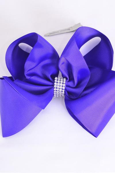 Hair Bow Jumbo Center Clear Stone Purple Grosgrain Bow-tie / 12 pcs Bow = Dozen  Purple , Alligator Clip , Bow - 6" x 5" , Clip Strip & UPC Code