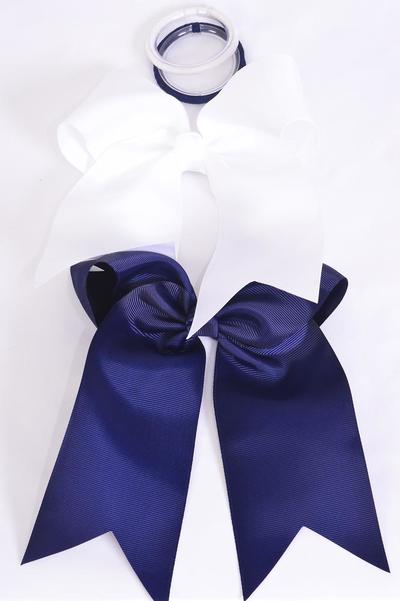 Hair Bow Jumbo Navy & White Mix Elastic Grosgrain Bow-tie / 12 pcs Bow = Dozen Navy White Mix , Elastic , Size - 6.5" x 6" Wide , 6 of each Color Asst , Clip Strip and UPC Code