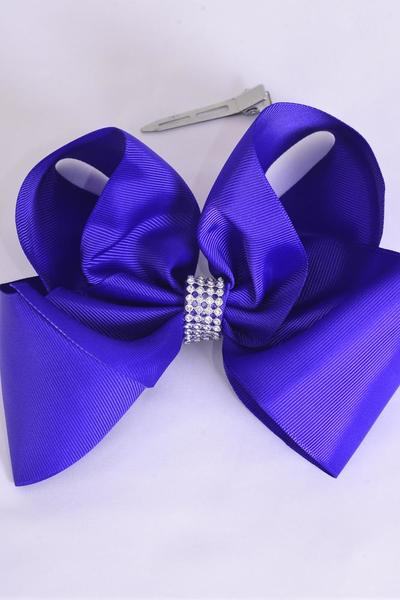 Hair Bow Jumbo Center Clear Stones Purple Grosgrain Bow-tie / 12 pcs Bow = Dozen  Alligator Clip , Bow-6"x 5", Clip Strip & UPC Code
