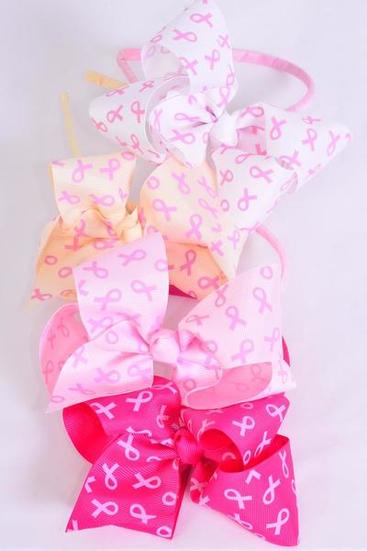 Headbnd Horseshoe Pink Ribbons Grosgrain Bow-tie / 12 pcs Bow = Dozen Bow Size - 6" x 5" Wide , 4 Hot Pink , 4 Baby Pink , 2 Beige , 2 White Color Asst , Individual Hang Tag & UPC Code, Clear Box