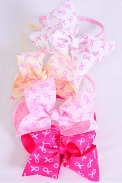 Headbnd Horseshoe Pink Ribbons Grosgrain Bow-tie / 12 pcs Bow = Dozen Bow Size - 6" x 5" Wide , 4 Hot Pink , 4 Baby Pink , 2 Beige , 2 White Color Asst , Individual Hang Tag & UPC Code, Clear Box