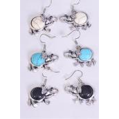 Earrings Metal Antique Elephant Semiprecious Stone/DZ **Fish Hook** Size-1.25&quot;x 1&quot; Wide,4 Black,4 Ivory,4 Turquoise Asst,Earring Card &amp; OPP Bag &amp; UPC Code