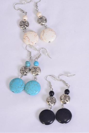 Earrings Metal Antique Butterfly Semiprecious Stone / 12 pair = Dozen  Fish Hook , Size - 1.75" x 1.25" Wide , 4 Black , 4 Ivory , 4 Turquoise Asst , Earring Card & OPP Bag & UPC Code
