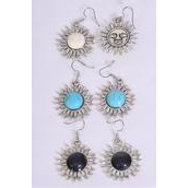 Earrings Metal Antique Semiprecious Stone Sun Double Sided/DZ **Fish Hook** Double Sided,Size-1.5" x 1" Wide,4 Black,4 Ivory,4 Turquoise Asst,Earring Card & OPP Bag & UPC Code -