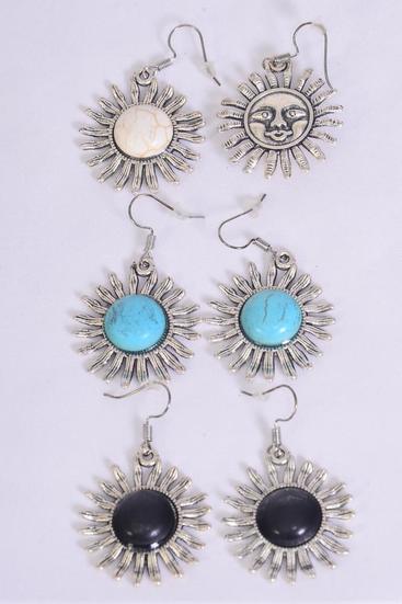Earrings Metal Antique Semiprecious Stone Sun Double Sided / 12 pair = Dozen Fish Hook , Double Sided , Size - 1.5" x 1" Wide , 4 Black , 4 Ivory , 4 Turquoise Asst , Earring Card & OPP Bag & UPC Code