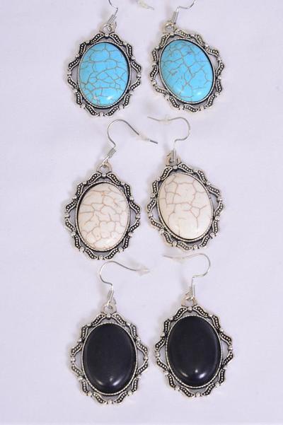 Earrings Metal Antique Oval Semiprecious Stone / 12 pair = Dozen Fish Hook , Size-1.25"x 1" Wide , 3 Black , 3 Ivory , 6 Turquoise Asst , Earring Card & OPP Bag & UPC Code -
